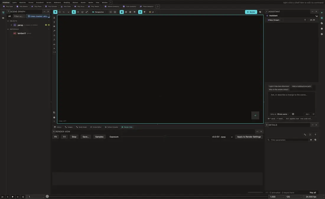 A sped-up recording of Roxy: the Assistant panel works through a prompt while a Cornell box appears in the viewport, then the Render View fills in the final image