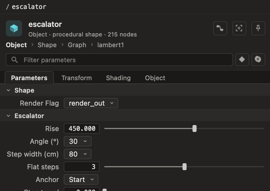 The Details panel showing the escalator's controls: rise, angle, step width, flat steps, anchor, step travel and detail