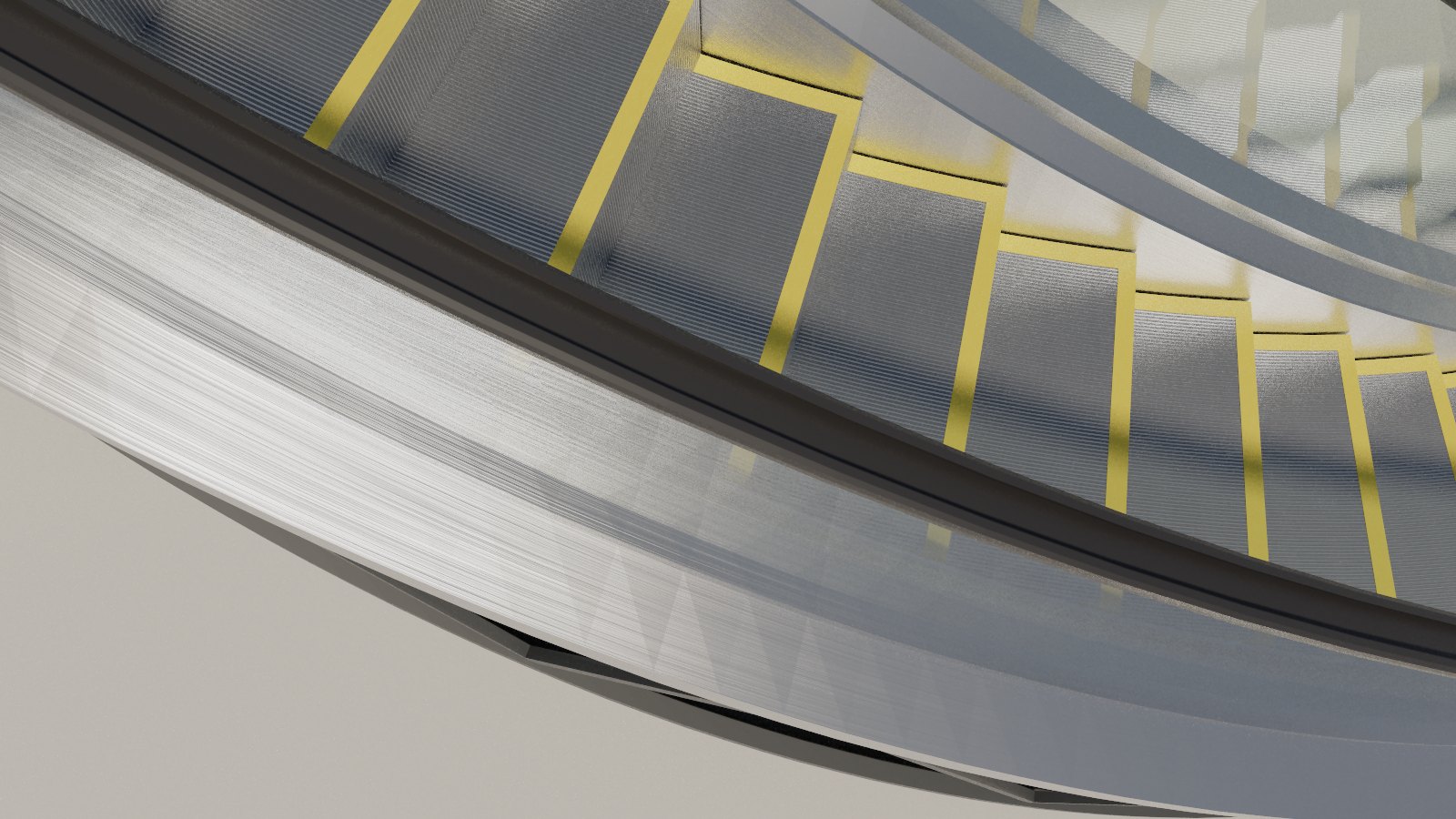 Wedge-shaped steps on the spiral escalator: grooved treads with yellow safety edges, brushed steel and a glass balustrade