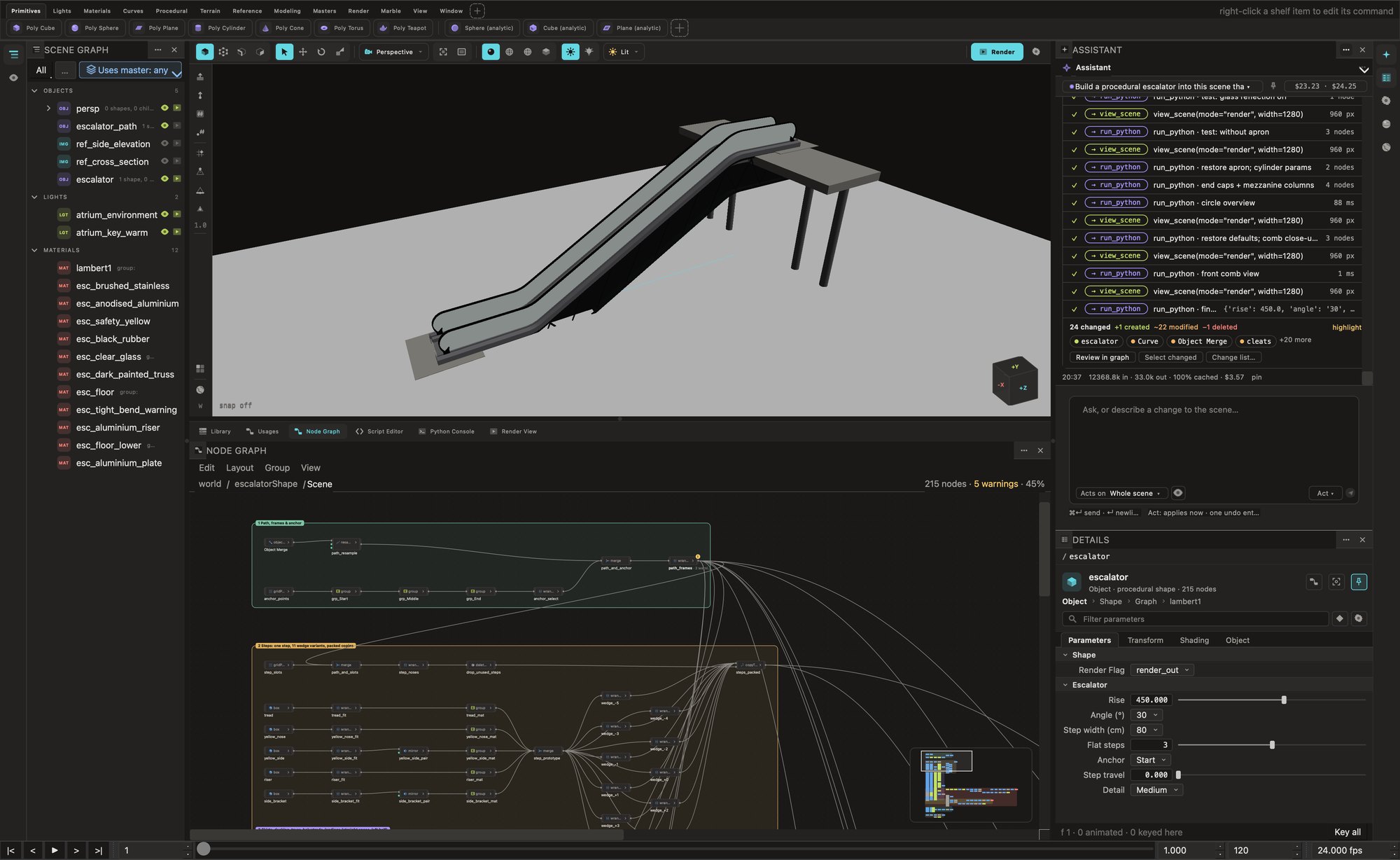 The Assistant panel listing its steps next to the viewport and the node graph